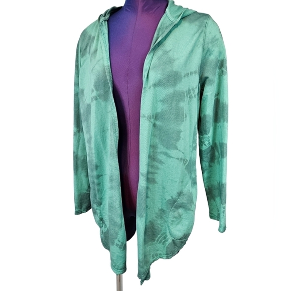 Chico's‎ Zenergy Pima Cotton Tie Dye Astro Green Hooded Cardigan Size Small - Picture 1 of 8